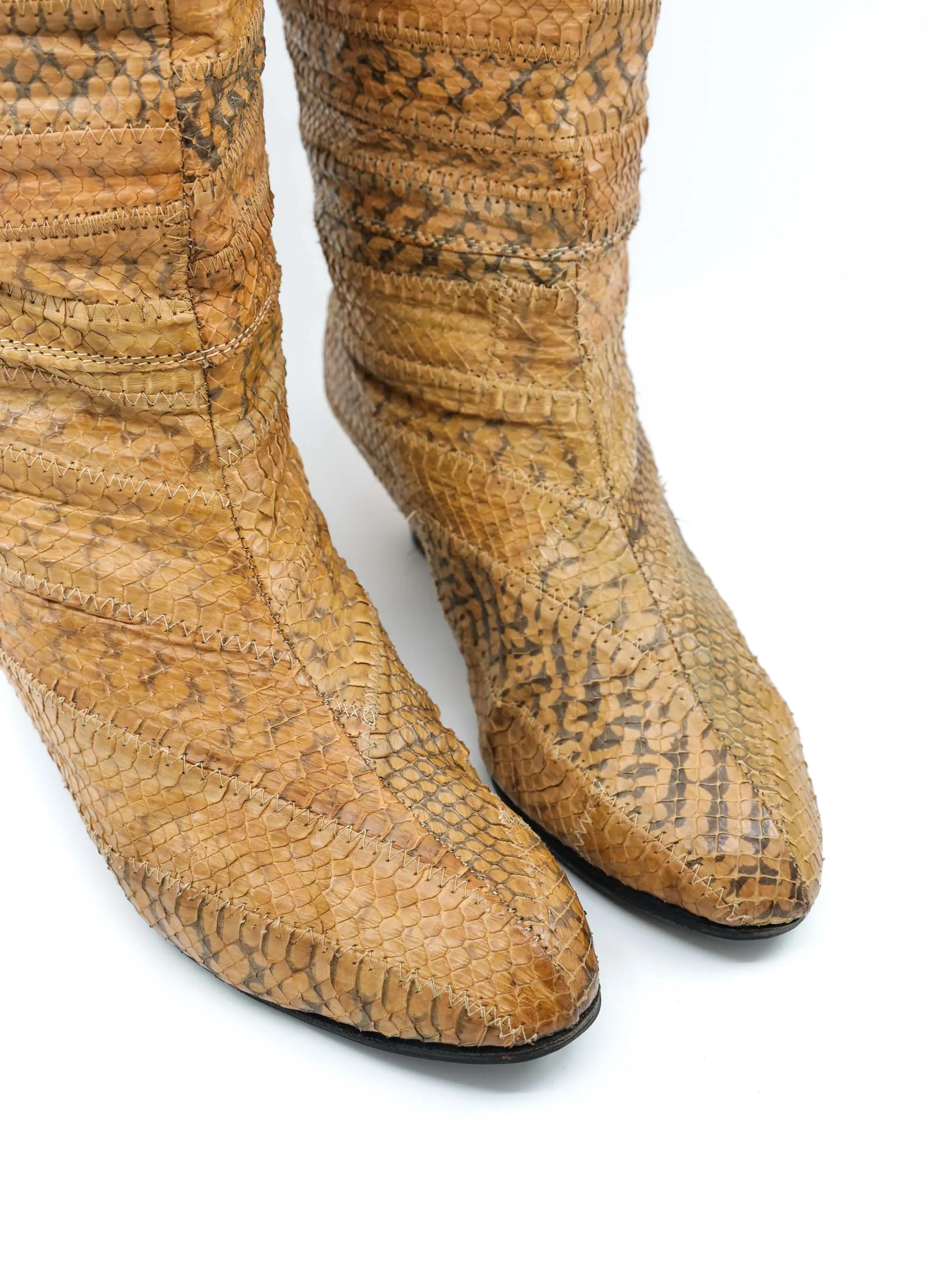 1980s Tan Patchwork Snakeskin Knee High Boots, 7