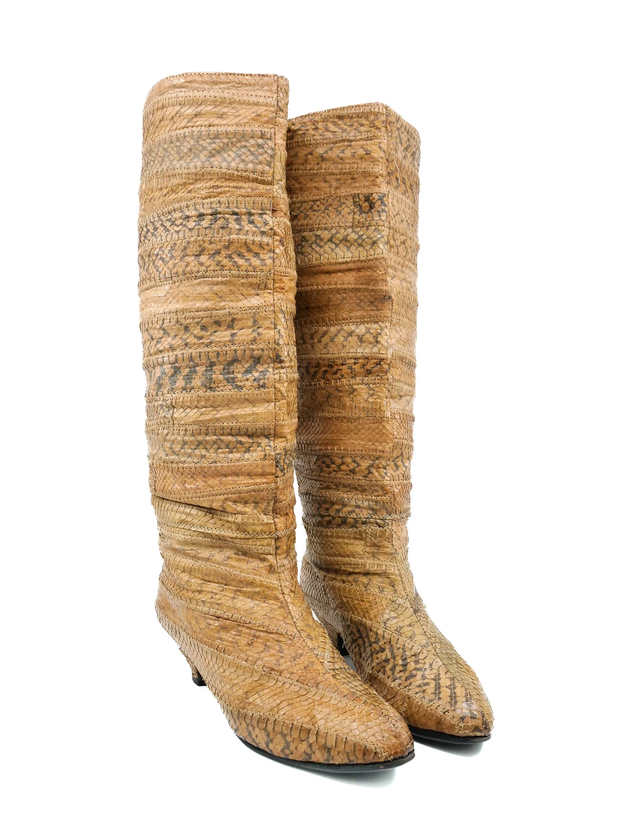 1980s Tan Patchwork Snakeskin Knee High Boots, 7