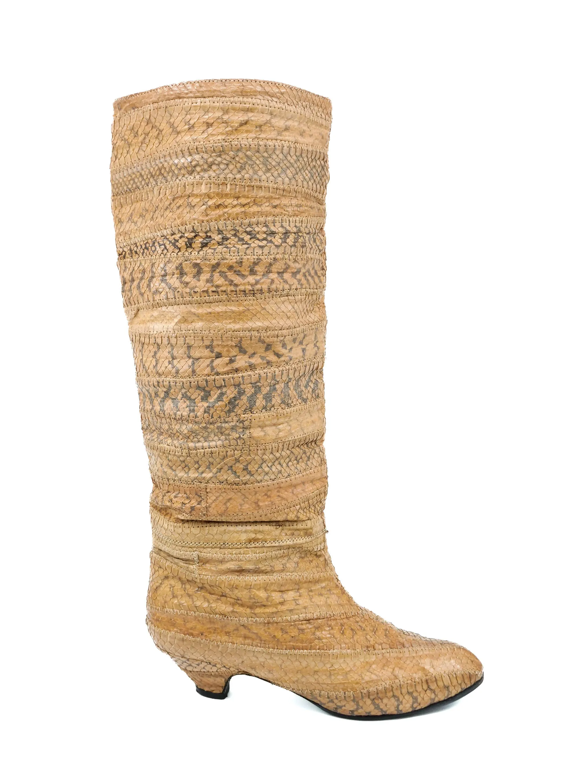 1980s Tan Patchwork Snakeskin Knee High Boots, 7