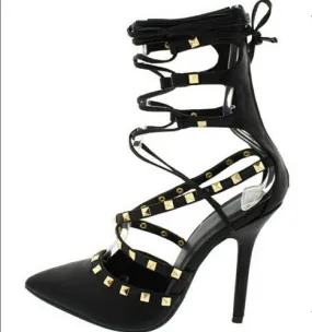 Adora Black Studded Lace Up Pointed Toe Heel