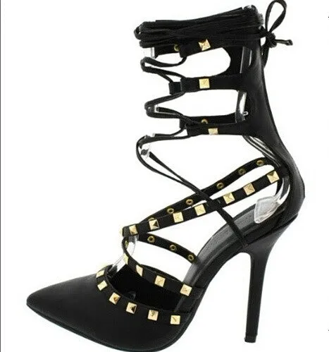Adora Black Studded Lace Up Pointed Toe Heel