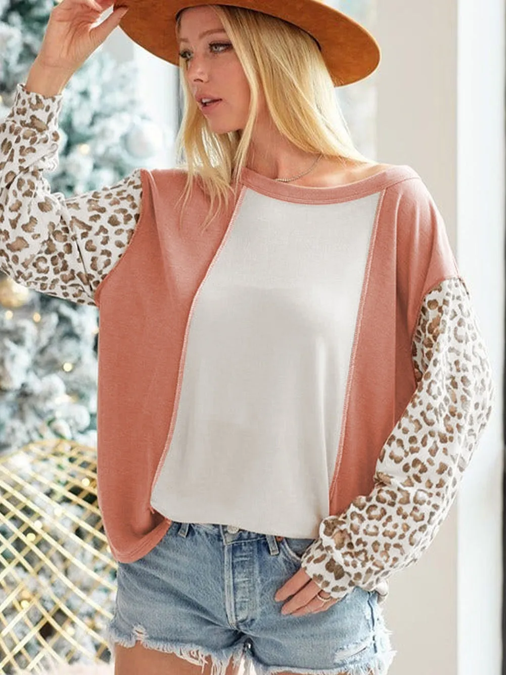 Apricot Leopard Colorblock Patchwork Long Sleeve Top