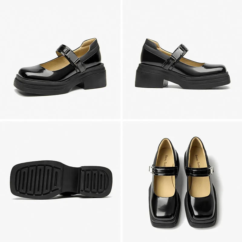 BeauToday Leather Square Toe Platform Mary Janes Shoes with Metal Buckle Strap