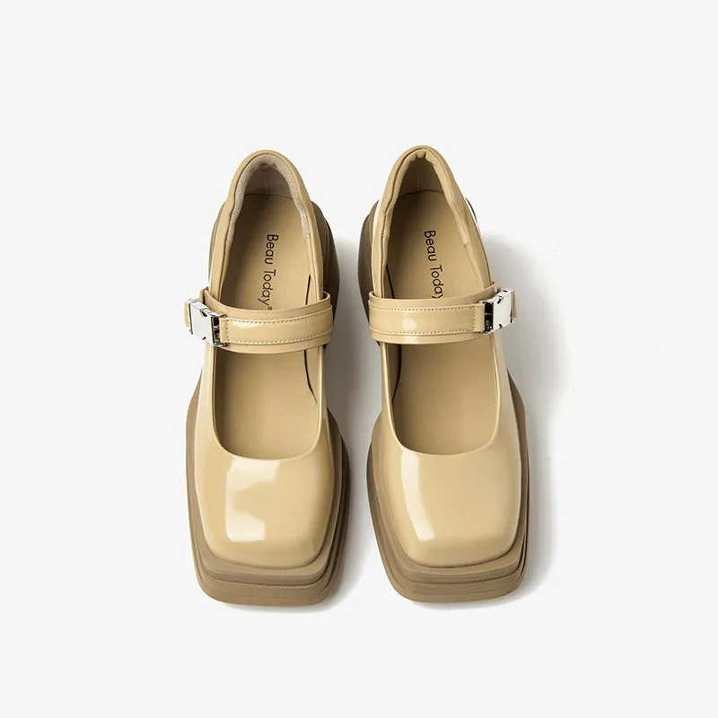 BeauToday Leather Square Toe Platform Mary Janes Shoes with Metal Buckle Strap