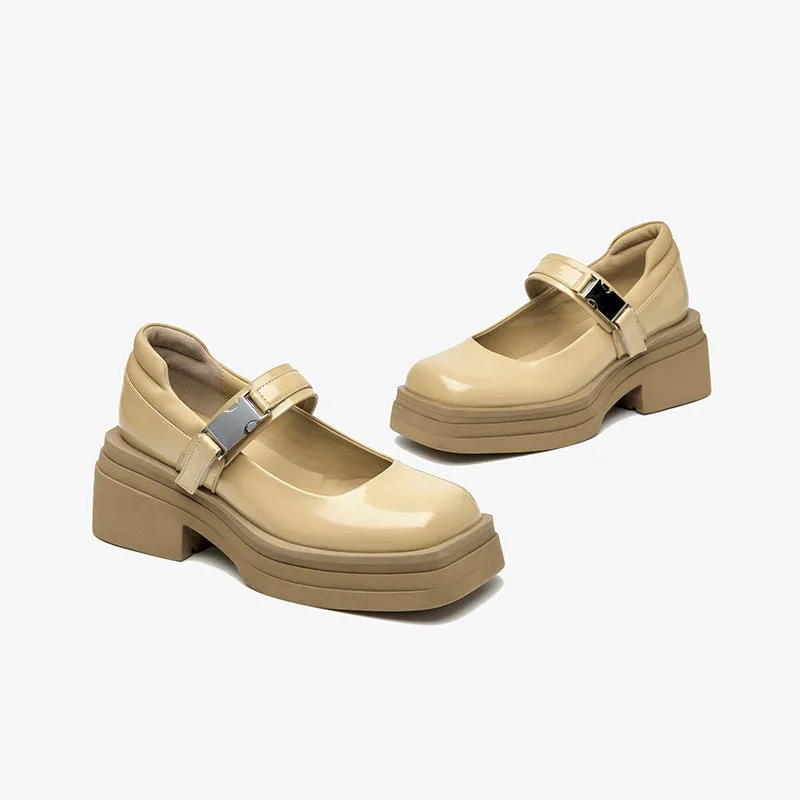 BeauToday Leather Square Toe Platform Mary Janes Shoes with Metal Buckle Strap