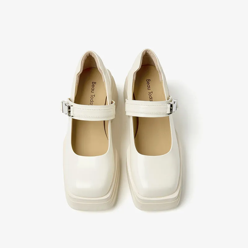 BeauToday Leather Square Toe Platform Mary Janes Shoes with Metal Buckle Strap
