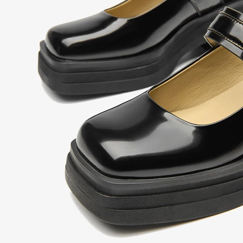 BeauToday Leather Square Toe Platform Mary Janes Shoes with Metal Buckle Strap