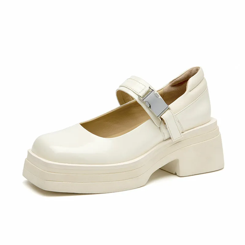 BeauToday Leather Square Toe Platform Mary Janes Shoes with Metal Buckle Strap