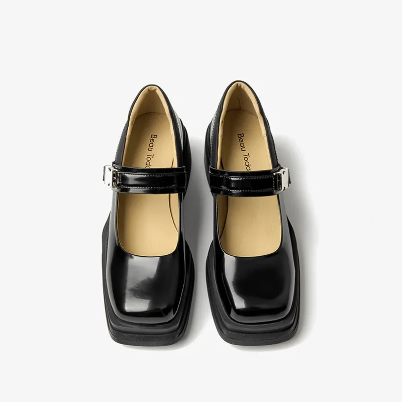 BeauToday Leather Square Toe Platform Mary Janes Shoes with Metal Buckle Strap