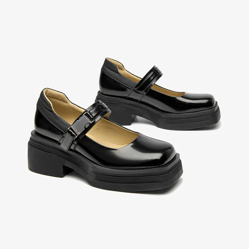 BeauToday Leather Square Toe Platform Mary Janes Shoes with Metal Buckle Strap