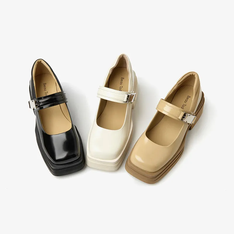 BeauToday Leather Square Toe Platform Mary Janes Shoes with Metal Buckle Strap