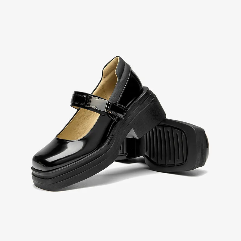 BeauToday Leather Square Toe Platform Mary Janes Shoes with Metal Buckle Strap
