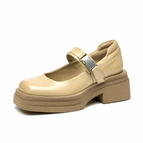 BeauToday Leather Square Toe Platform Mary Janes Shoes with Metal Buckle Strap
