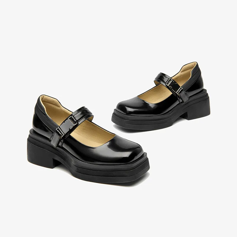 BeauToday Leather Square Toe Platform Mary Janes Shoes with Metal Buckle Strap