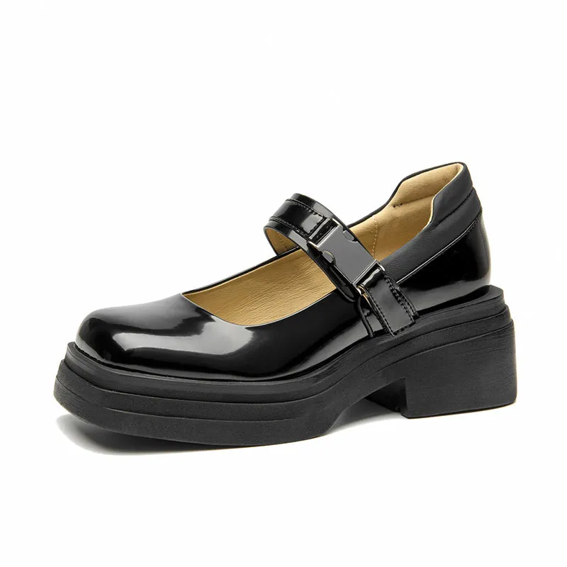 BeauToday Leather Square Toe Platform Mary Janes Shoes with Metal Buckle Strap