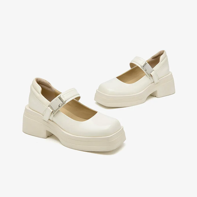 BeauToday Leather Square Toe Platform Mary Janes Shoes with Metal Buckle Strap