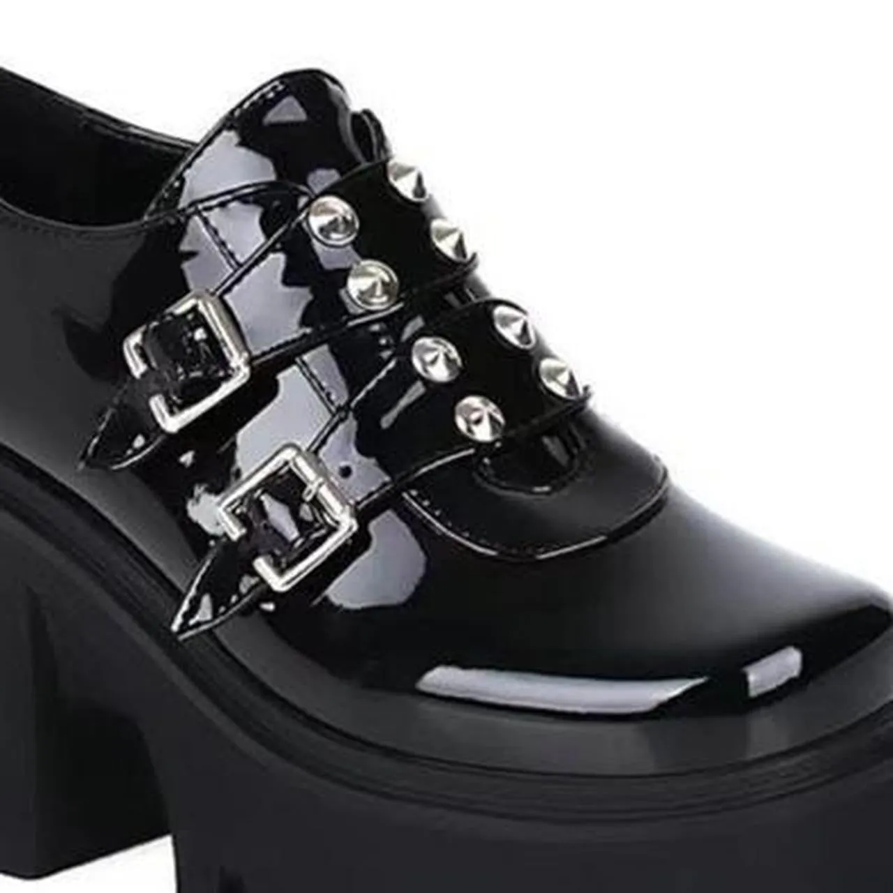 Black Patent Faux Leather Punk Chunky Heels