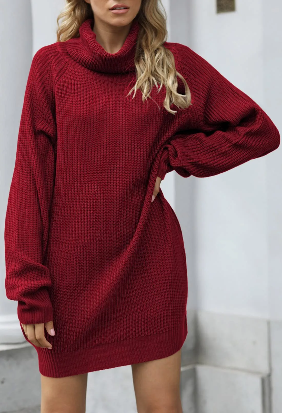 Brown And Pink Women's Loose Turtleneck Oversize Long Pullover Sweater Dress - Pink Queen
