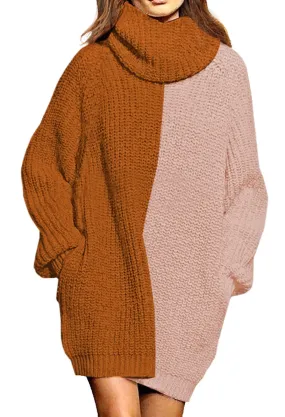 Brown And Pink Women's Loose Turtleneck Oversize Long Pullover Sweater Dress - Pink Queen