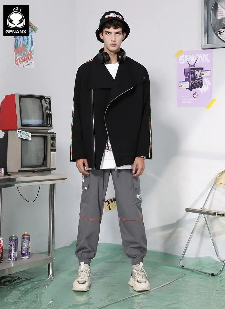 Cartoon Graffiti Print Zip Slant Placket Stand Collar Jacket