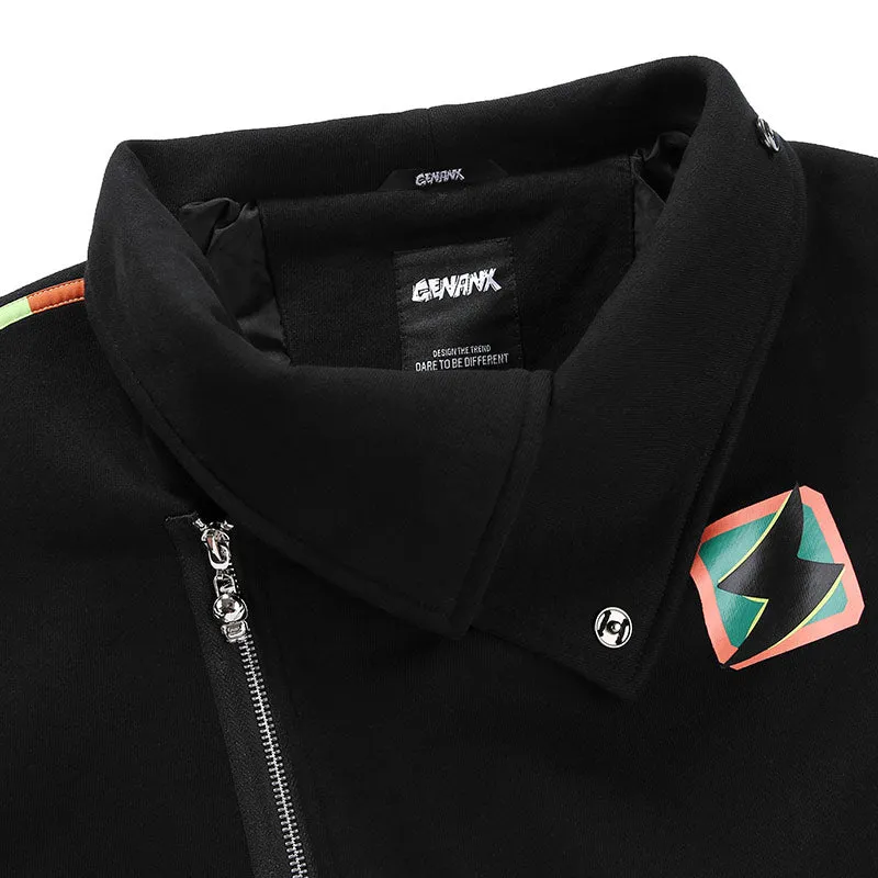 Cartoon Graffiti Print Zip Slant Placket Stand Collar Jacket