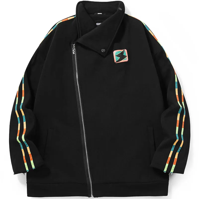 Cartoon Graffiti Print Zip Slant Placket Stand Collar Jacket