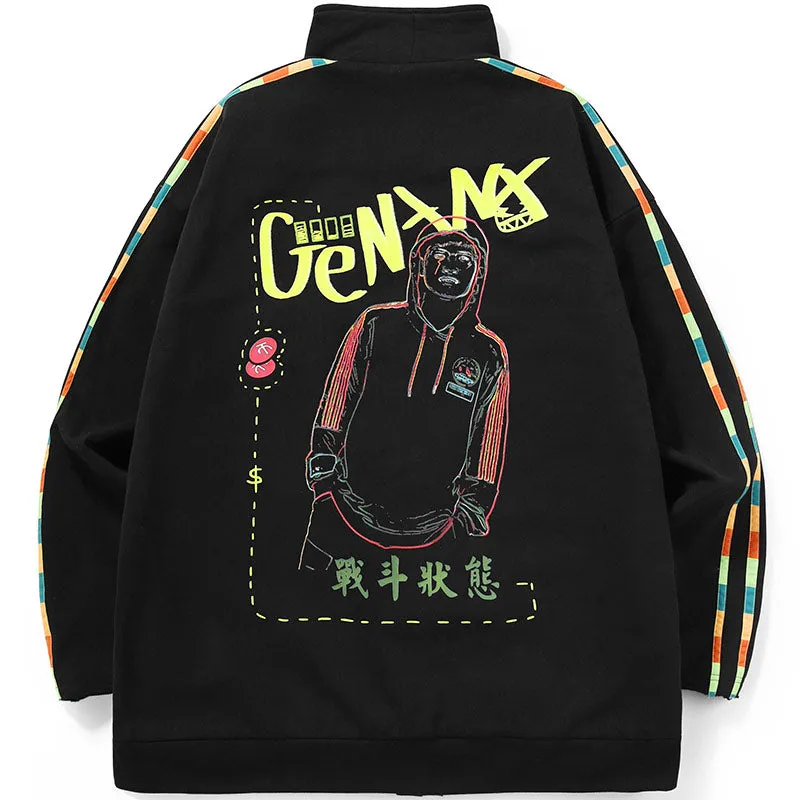 Cartoon Graffiti Print Zip Slant Placket Stand Collar Jacket