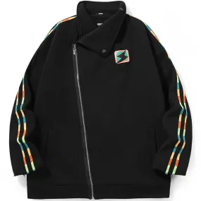 Cartoon Graffiti Print Zip Slant Placket Stand Collar Jacket