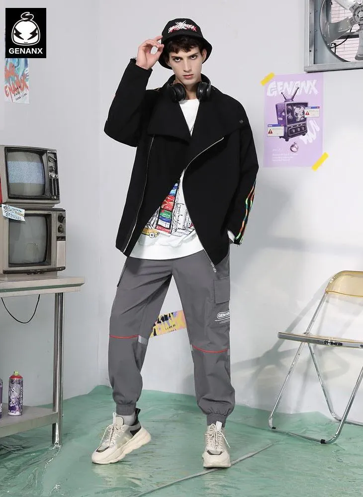 Cartoon Graffiti Print Zip Slant Placket Stand Collar Jacket