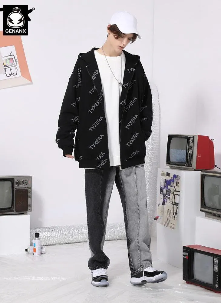 Casual Black Full Print Hooded Jacket
