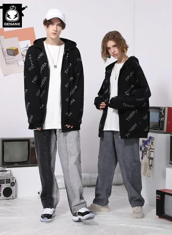 Casual Black Full Print Hooded Jacket