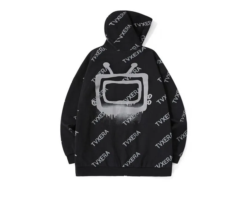 Casual Black Full Print Hooded Jacket