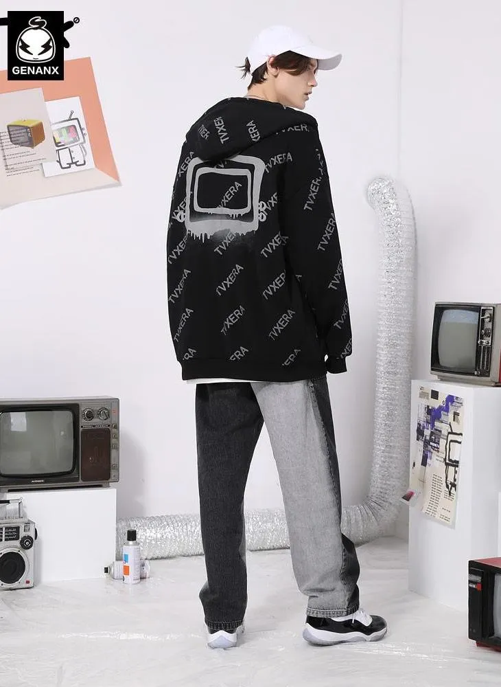 Casual Black Full Print Hooded Jacket