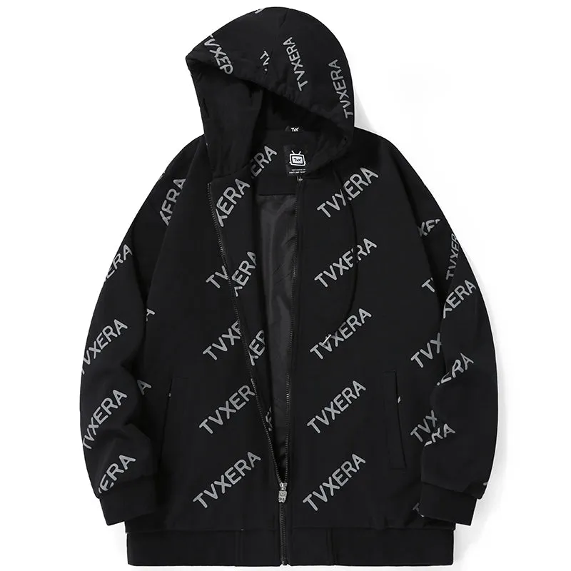 Casual Black Full Print Hooded Jacket