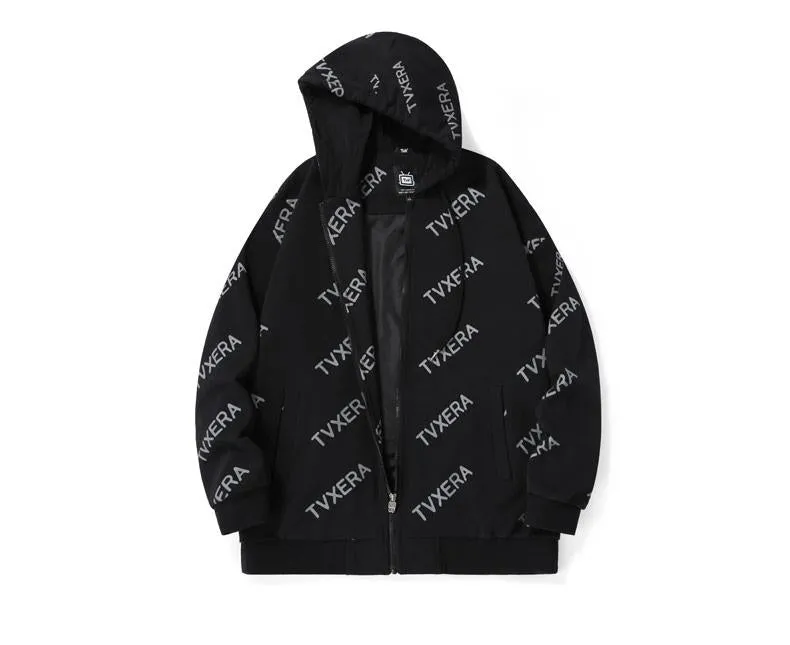 Casual Black Full Print Hooded Jacket