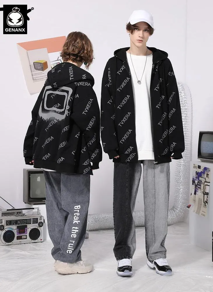 Casual Black Full Print Hooded Jacket