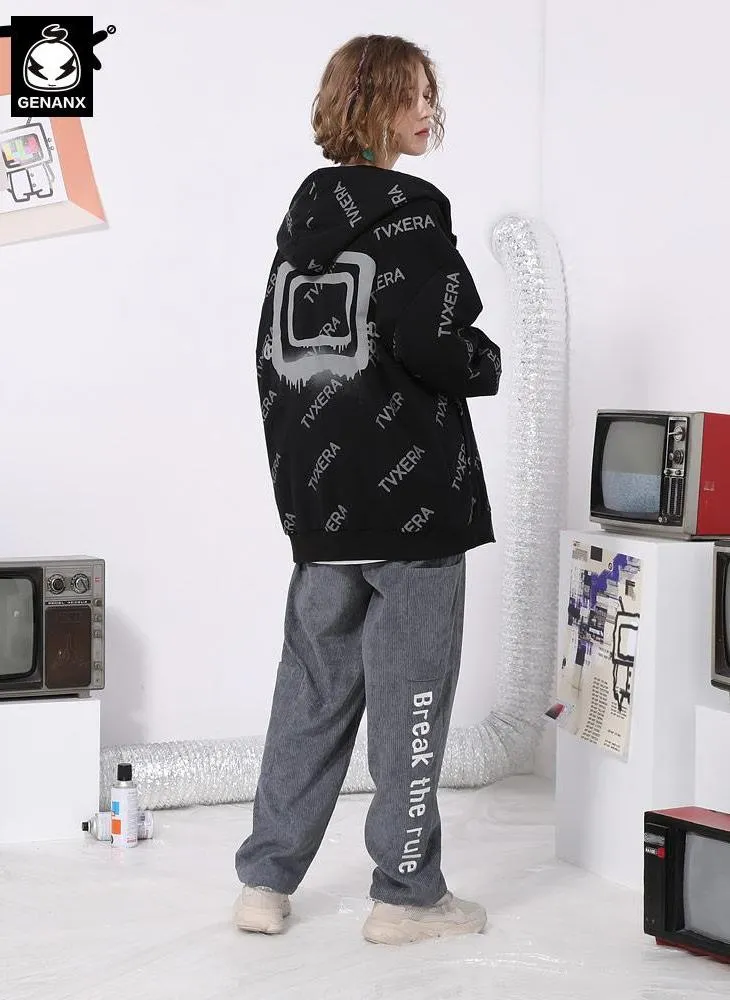 Casual Black Full Print Hooded Jacket