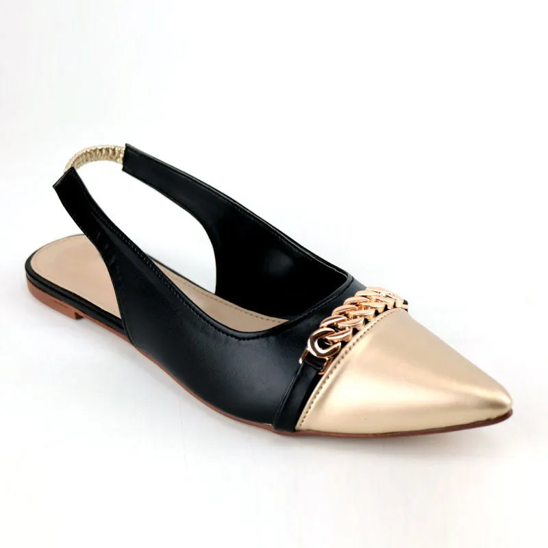 Ch Gold Pointed Bold Chain Flat Slingback Shoes #9834 #22