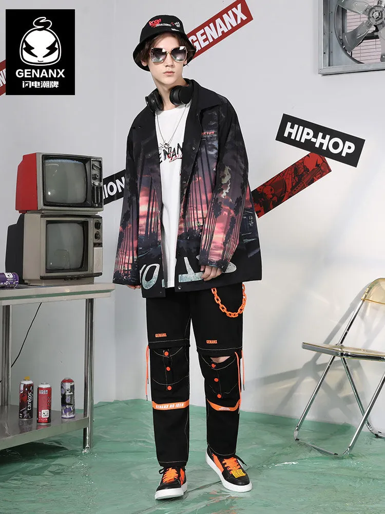 City Road Print Slip Pocket Loose Drop Shoulder Sleeve Jacket