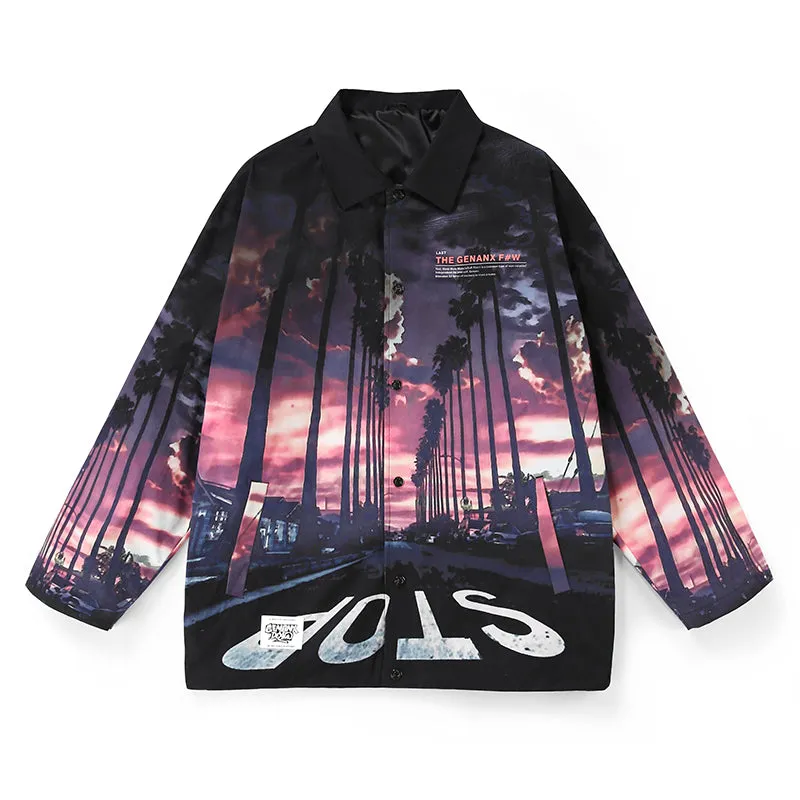 City Road Print Slip Pocket Loose Drop Shoulder Sleeve Jacket
