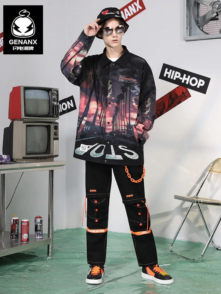 City Road Print Slip Pocket Loose Drop Shoulder Sleeve Jacket