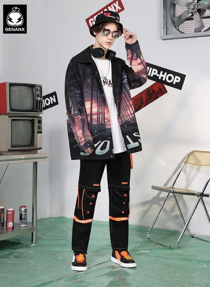 City Road Print Slip Pocket Loose Drop Shoulder Sleeve Jacket