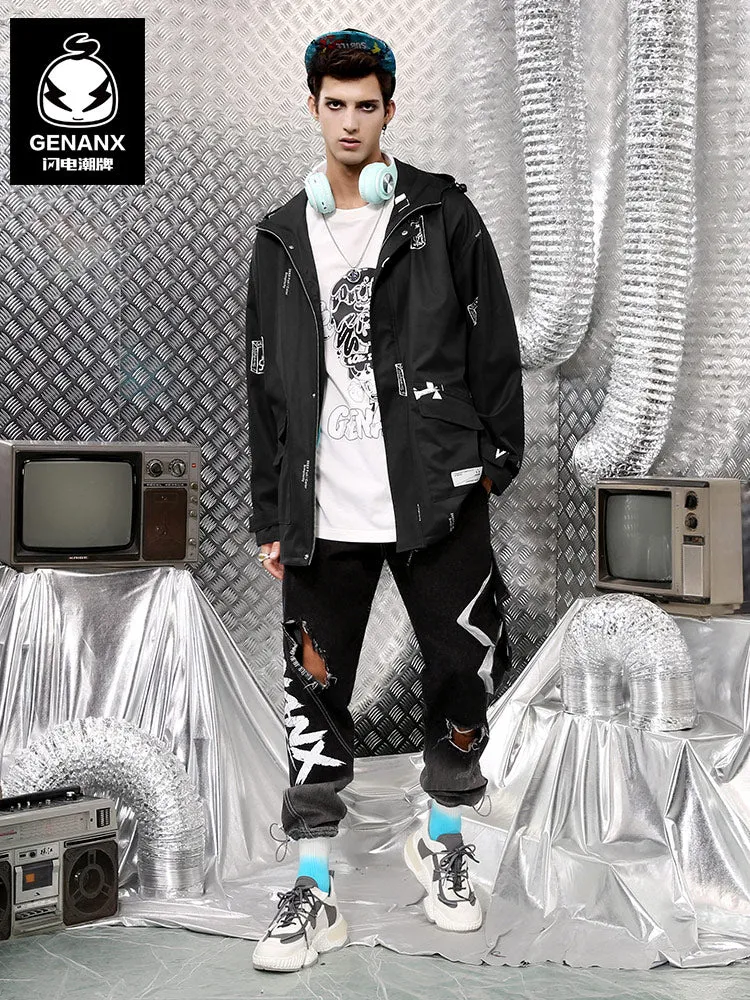 Color Block Print Couple Hooded Jacket