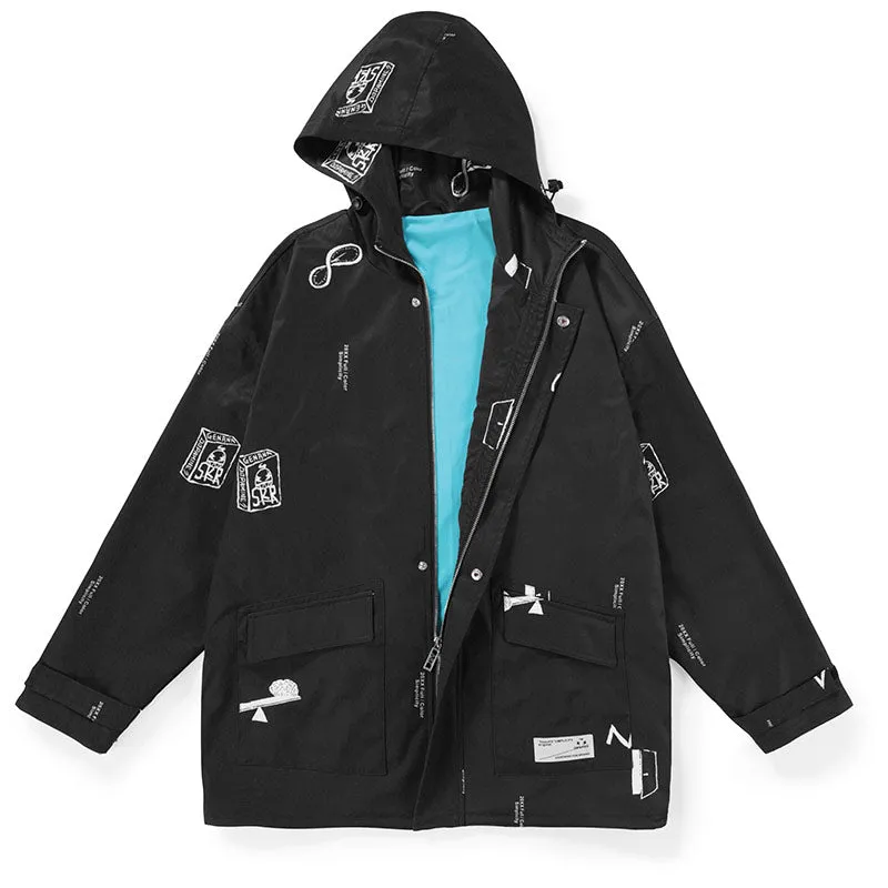 Color Block Print Couple Hooded Jacket