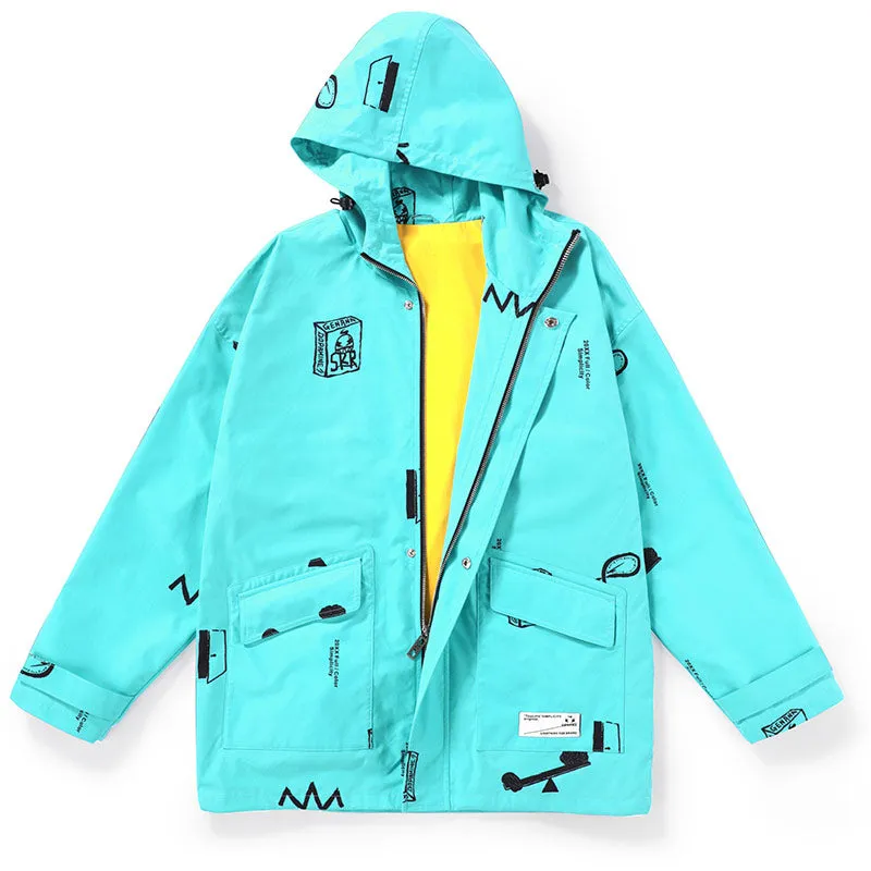 Color Block Print Couple Hooded Jacket