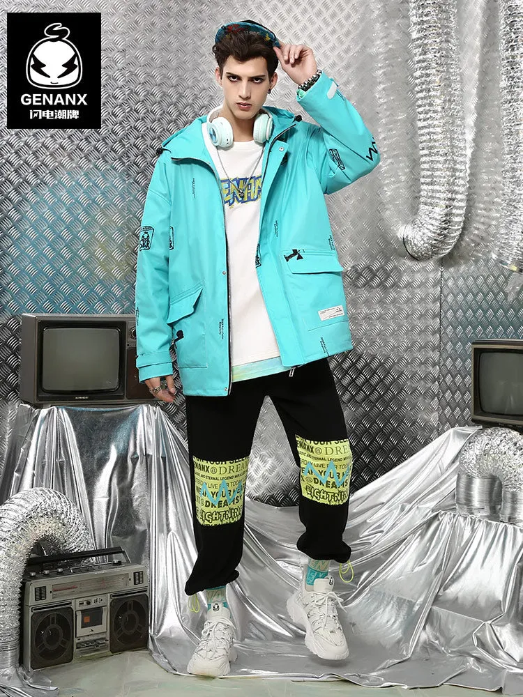 Color Block Print Couple Hooded Jacket