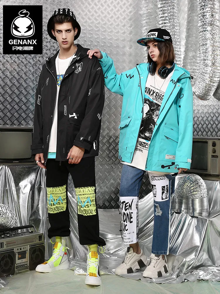 Color Block Print Couple Hooded Jacket