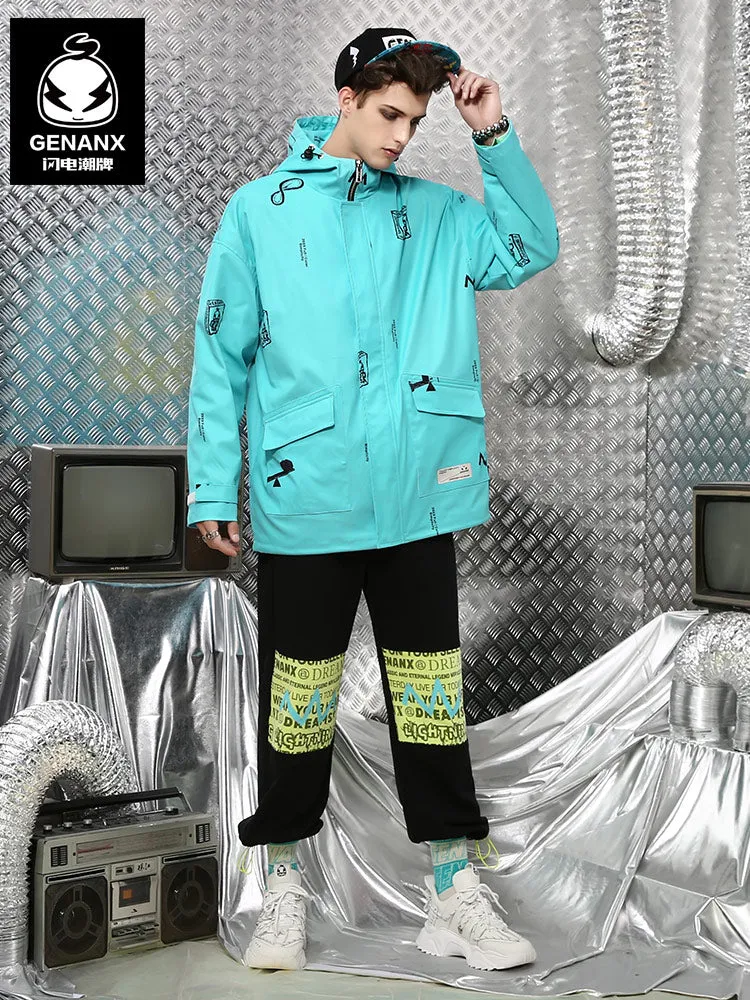 Color Block Print Couple Hooded Jacket