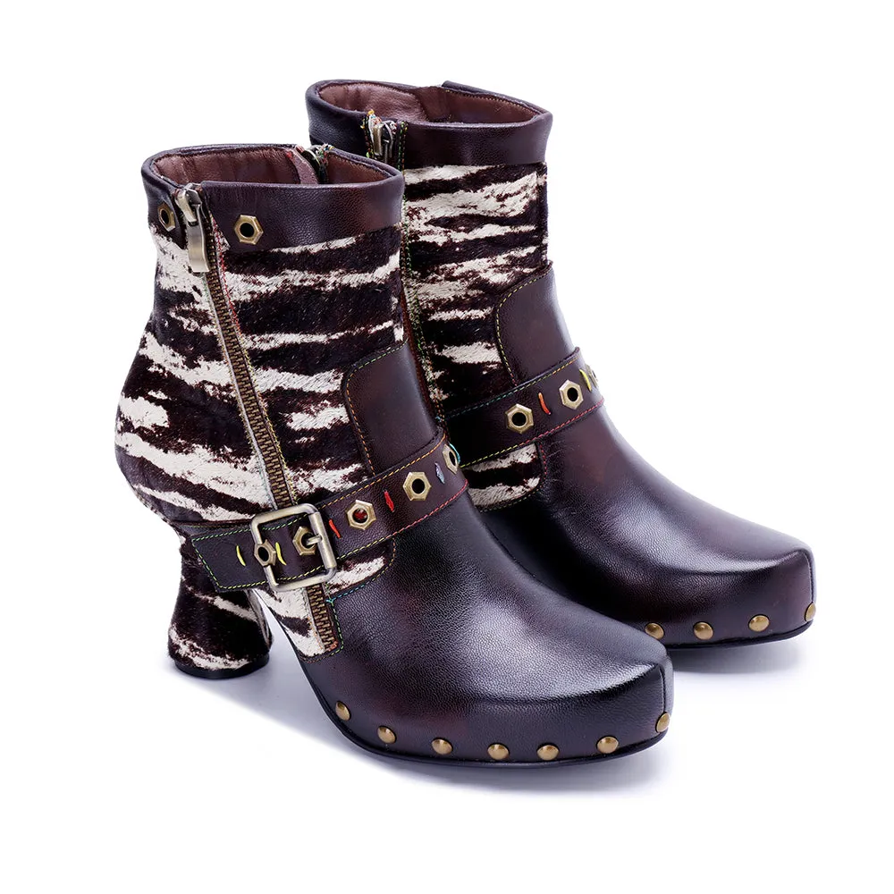 CrazycatZ Womens  Boots Bohemian Block Heel Leather Ankle Boots Colorful Leather Heeled Ankle Boots Black
