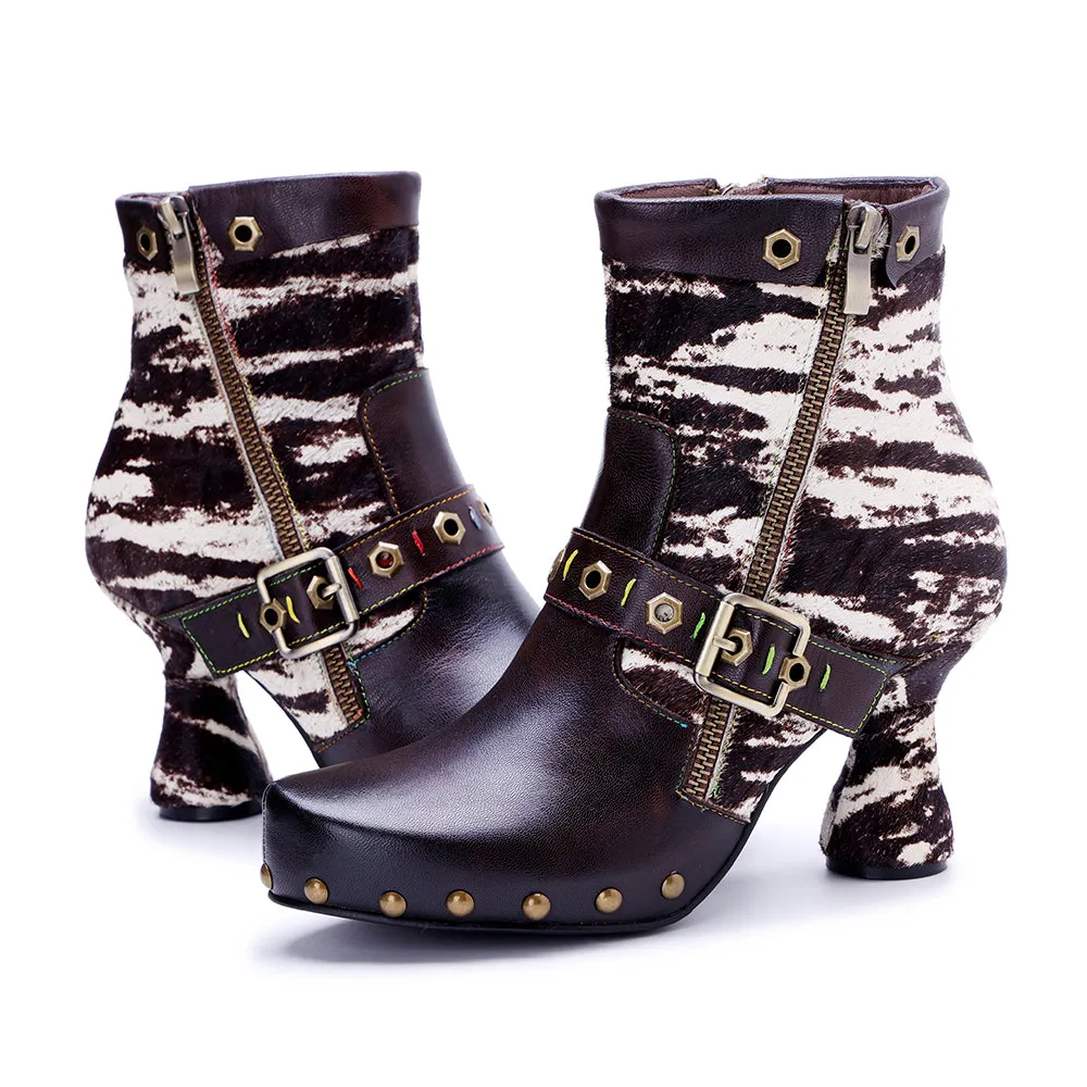 CrazycatZ Womens  Boots Bohemian Block Heel Leather Ankle Boots Colorful Leather Heeled Ankle Boots Black